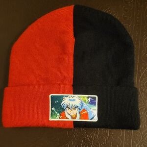 Two-Tone Red and Black Inuyasha Anime Patch Beanie